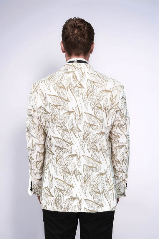 Men’s Pearl White & Gold Glitter Leaf Dinner Jacket – Slim Fit with Black Satin Peak Lapels