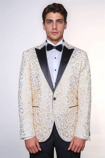 Men’s Arctic White & Gilded Gold Scroll Jacquard Slim Fit Peak Lapel Dinner Jacket
