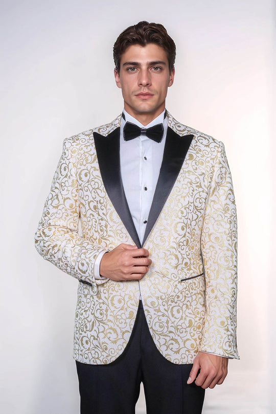 Men’s Arctic White & Gilded Gold Scroll Jacquard Slim Fit Peak Lapel Dinner Jacket