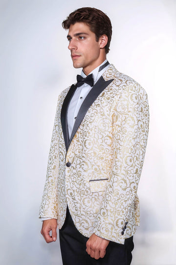 Men’s Arctic White & Gilded Gold Scroll Jacquard Slim Fit Peak Lapel Dinner Jacket