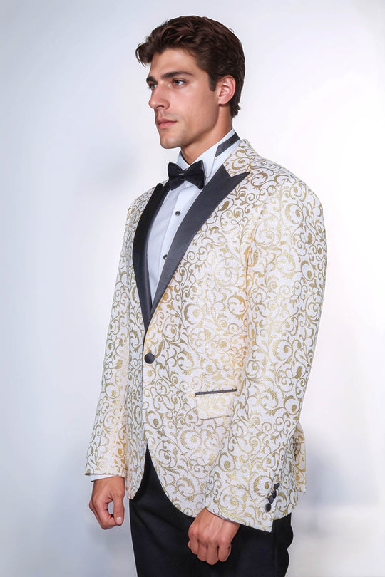 Men’s Arctic White & Gilded Gold Scroll Jacquard Slim Fit Peak Lapel Dinner Jacket