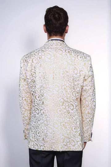 Men’s Arctic White & Gilded Gold Scroll Jacquard Slim Fit Peak Lapel Dinner Jacket