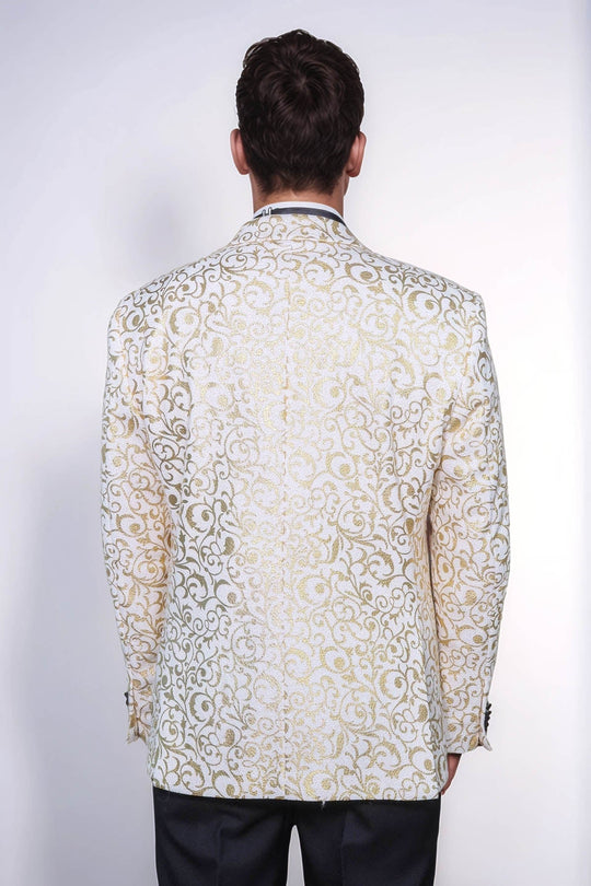Men’s Arctic White & Gilded Gold Scroll Jacquard Slim Fit Peak Lapel Dinner Jacket