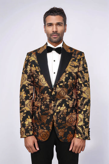 Men’s Noir & Regal Gold Floral Jacquard Slim Fit Peak Lapel Dinner Jacket