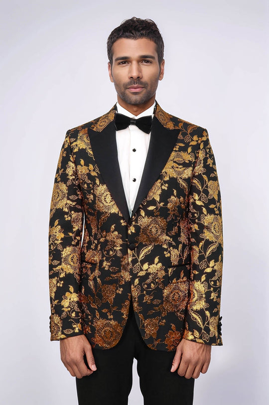 Men’s Noir & Regal Gold Floral Jacquard Slim Fit Peak Lapel Dinner Jacket