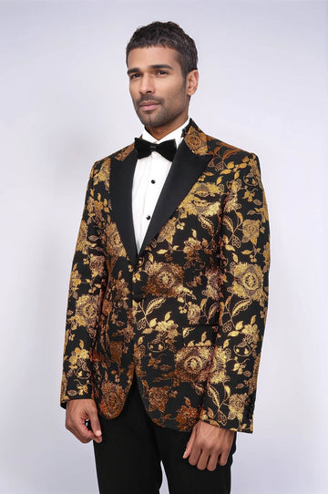 Men’s Noir & Regal Gold Floral Jacquard Slim Fit Peak Lapel Dinner Jacket