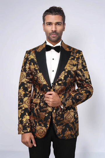 Men’s Noir & Regal Gold Floral Jacquard Slim Fit Peak Lapel Dinner Jacket