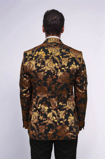 Men’s Noir & Regal Gold Floral Jacquard Slim Fit Peak Lapel Dinner Jacket