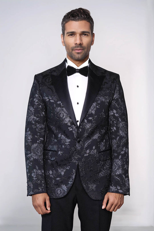 Men’s Midnight Black Shimmering Floral Jacquard Slim Fit Peak Lapel Dinner Jacket