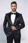 Men’s Midnight Black Shimmering Floral Jacquard Slim Fit Peak Lapel Dinner Jacket