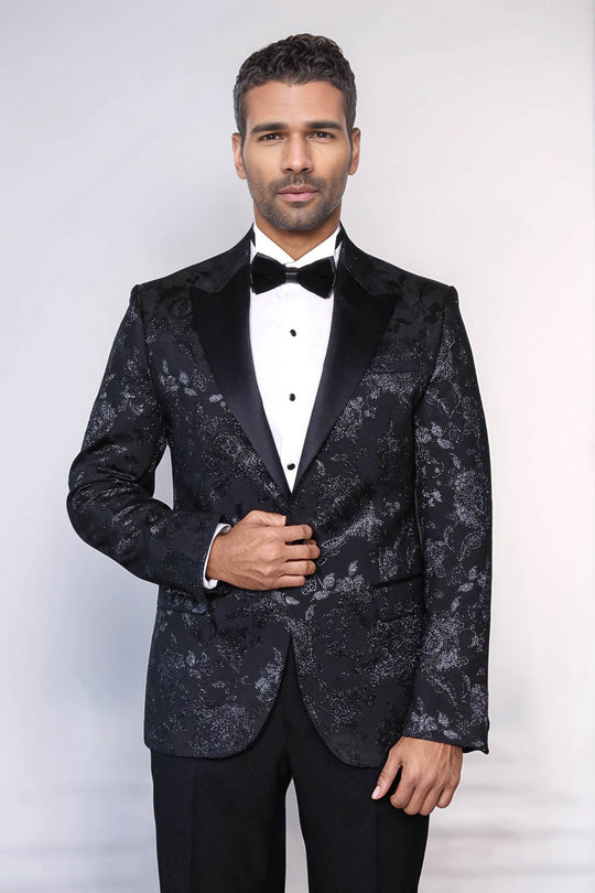 Men’s Midnight Black Shimmering Floral Jacquard Slim Fit Peak Lapel Dinner Jacket