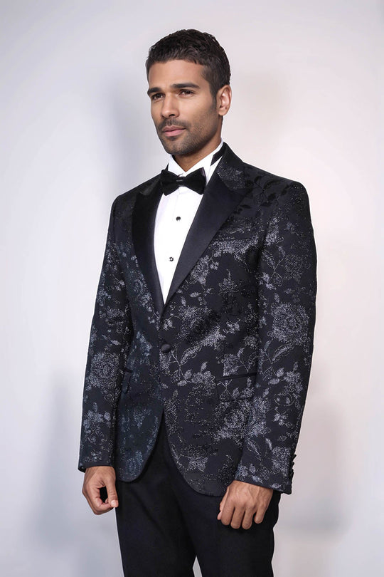 Men’s Midnight Black Shimmering Floral Jacquard Slim Fit Peak Lapel Dinner Jacket