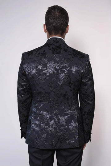 Men’s Midnight Black Shimmering Floral Jacquard Slim Fit Peak Lapel Dinner Jacket