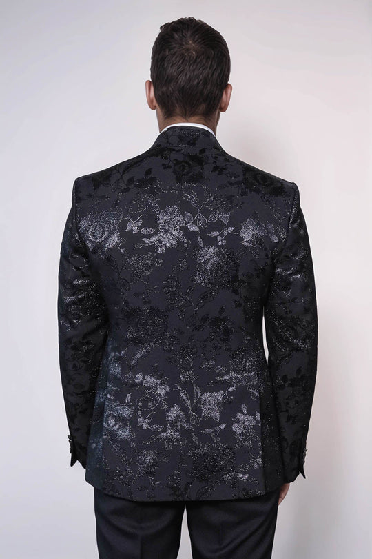 Men’s Midnight Black Shimmering Floral Jacquard Slim Fit Peak Lapel Dinner Jacket