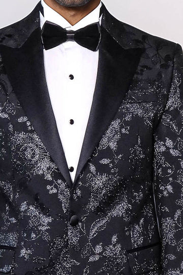Men’s Midnight Black Shimmering Floral Jacquard Slim Fit Peak Lapel Dinner Jacket
