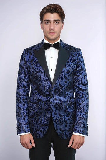 Men’s Midnight Navy Shimmering Floral Jacquard Slim Fit Peak Lapel Dinner Jacket