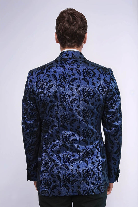 Men’s Midnight Navy Shimmering Floral Jacquard Slim Fit Peak Lapel Dinner Jacket