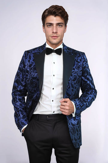 Men’s Midnight Navy Shimmering Floral Jacquard Slim Fit Peak Lapel Dinner Jacket