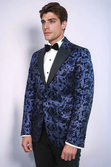 Men’s Midnight Navy Shimmering Floral Jacquard Slim Fit Peak Lapel Dinner Jacket