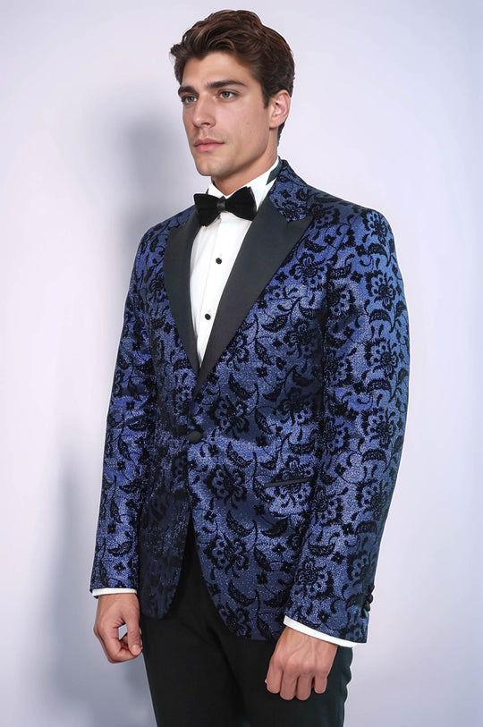 Men’s Midnight Navy Shimmering Floral Jacquard Slim Fit Peak Lapel Dinner Jacket