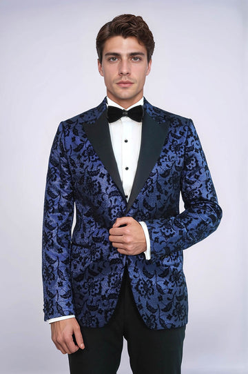 Men’s Midnight Navy Shimmering Floral Jacquard Slim Fit Peak Lapel Dinner Jacket