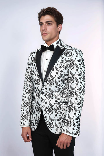 Men’s Arctic White & Noir Floral Jacquard Slim Fit Peak Lapel Dinner Jacket
