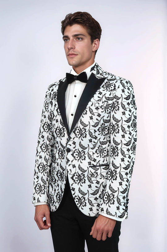 Men’s Arctic White & Noir Floral Jacquard Slim Fit Peak Lapel Dinner Jacket