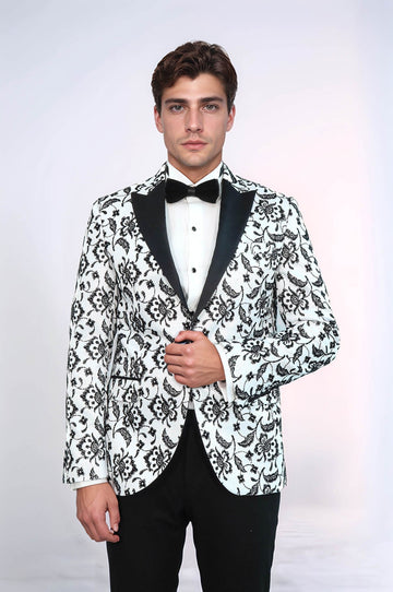 Men’s Arctic White & Noir Floral Jacquard Slim Fit Peak Lapel Dinner Jacket