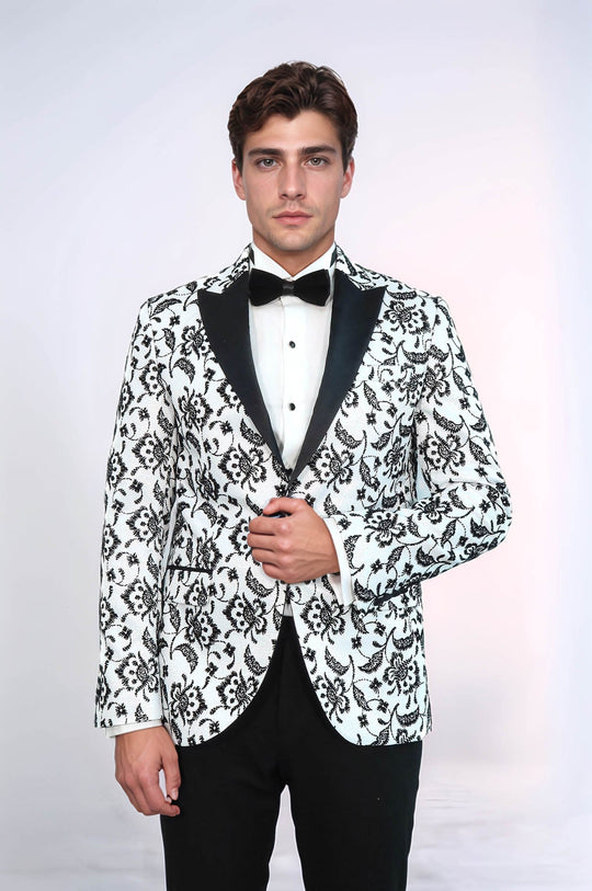 Men’s Arctic White & Noir Floral Jacquard Slim Fit Peak Lapel Dinner Jacket