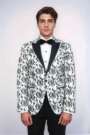 Men’s Arctic White & Noir Floral Jacquard Slim Fit Peak Lapel Dinner Jacket