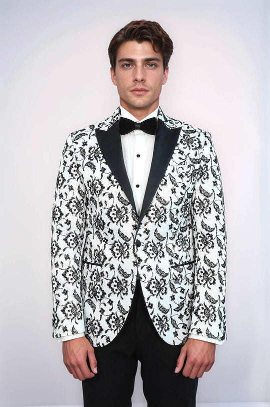 Men’s Arctic White & Noir Floral Jacquard Slim Fit Peak Lapel Dinner Jacket