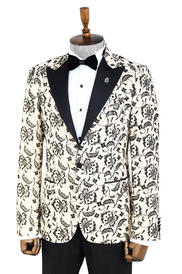 Patterned tuxedo jacket on a mannequin with a white background