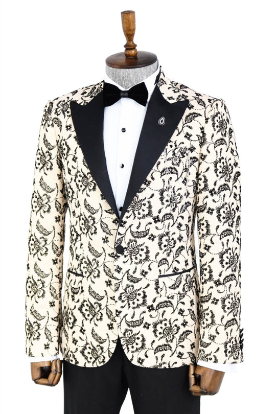 Patterned tuxedo jacket on a mannequin with a white background