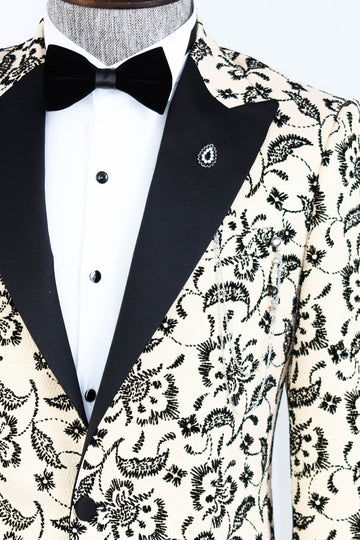 Men’s Ivory Floral Embroidered Slim Fit Peak Lapel Dinner Jacket