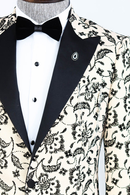 Men’s Ivory Floral Embroidered Slim Fit Peak Lapel Dinner Jacket