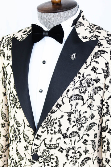 Men’s Ivory Floral Embroidered Slim Fit Peak Lapel Dinner Jacket