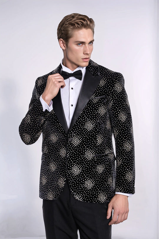 Men’s Midnight Black Sparkle Dot Patterned Slim Fit Peak Lapel Dinner Jacket