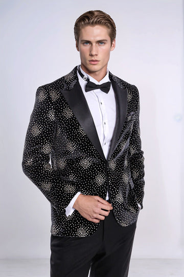Men’s Midnight Black Sparkle Dot Patterned Slim Fit Peak Lapel Dinner Jacket