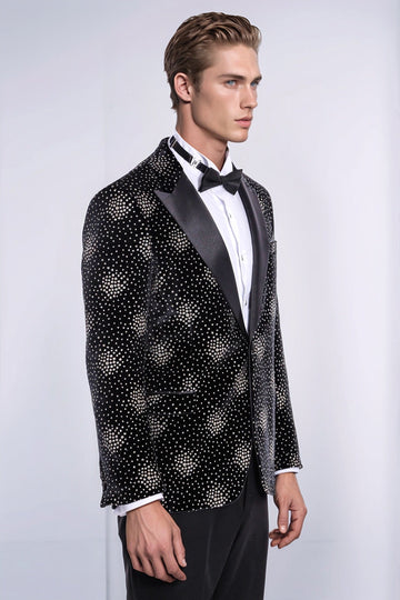 Men’s Midnight Black Sparkle Dot Patterned Slim Fit Peak Lapel Dinner Jacket