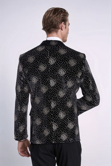 Men’s Midnight Black Sparkle Dot Patterned Slim Fit Peak Lapel Dinner Jacket