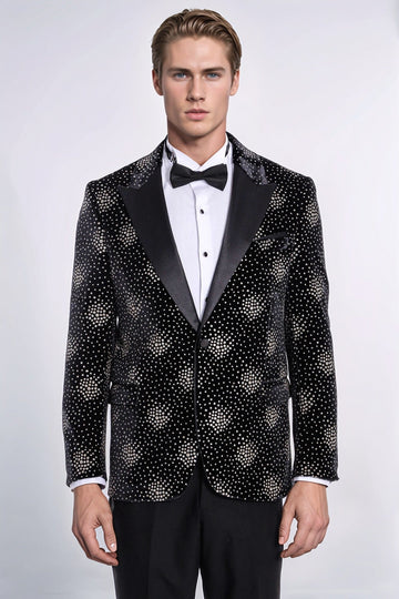 Men’s Midnight Black Sparkle Dot Patterned Slim Fit Peak Lapel Dinner Jacket