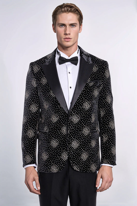 Men’s Midnight Black Sparkle Dot Patterned Slim Fit Peak Lapel Dinner Jacket