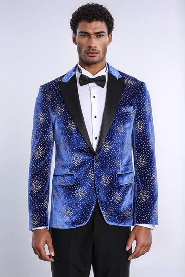 Men’s Royal Blue Dot Patterned Slim Fit Peak Lapel Dinner Jacket
