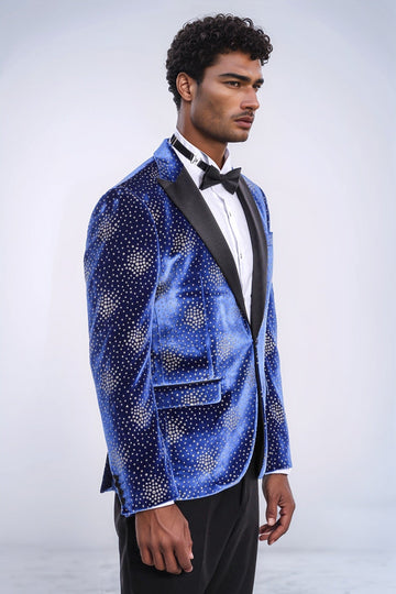 Men’s Royal Blue Dot Patterned Slim Fit Peak Lapel Dinner Jacket