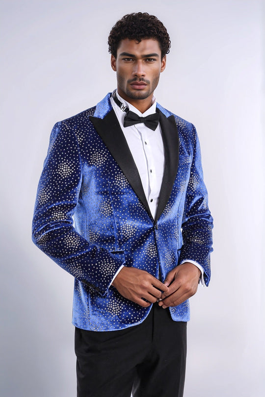 Men’s Royal Blue Dot Patterned Slim Fit Peak Lapel Dinner Jacket