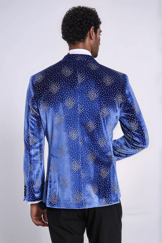 Men’s Royal Blue Dot Patterned Slim Fit Peak Lapel Dinner Jacket