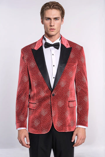 Men’s Deep Burgundy Dot Patterned Slim Fit Peak Lapel Dinner Jacket
