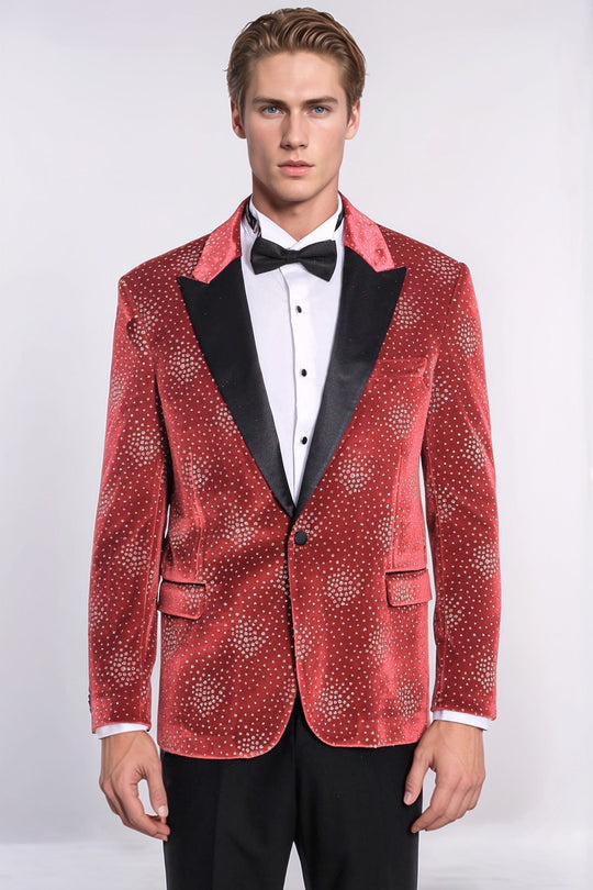 Men’s Deep Burgundy Dot Patterned Slim Fit Peak Lapel Dinner Jacket