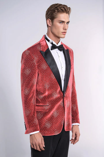Men’s Deep Burgundy Dot Patterned Slim Fit Peak Lapel Dinner Jacket