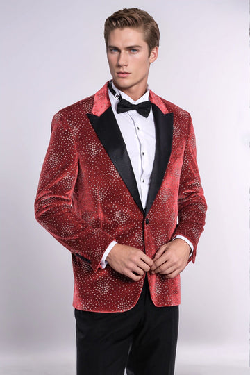Men’s Deep Burgundy Dot Patterned Slim Fit Peak Lapel Dinner Jacket